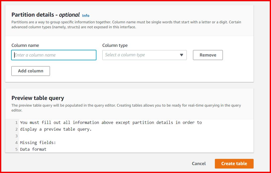 Picture showing the Create table button for creating the new table